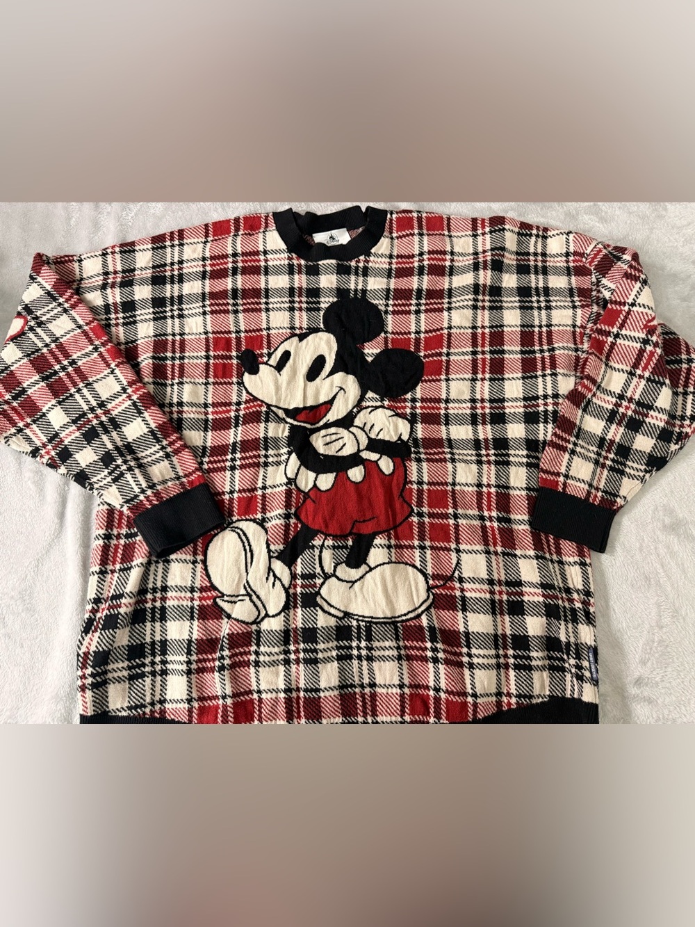 Disney Plaid Crewneck Sweater in Red, Black & Cream with Mickey Patch